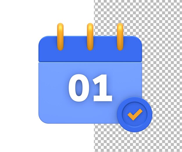 PSD renderização 3d da data e hora do calendário azul-amarelo com lista de verificação para o design da ui ux