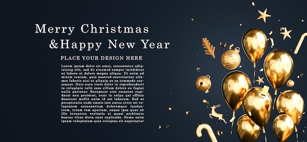 Renderização 3D da decoração de balões dourados com conceito de enfeite de natal para a exibição de seu produto