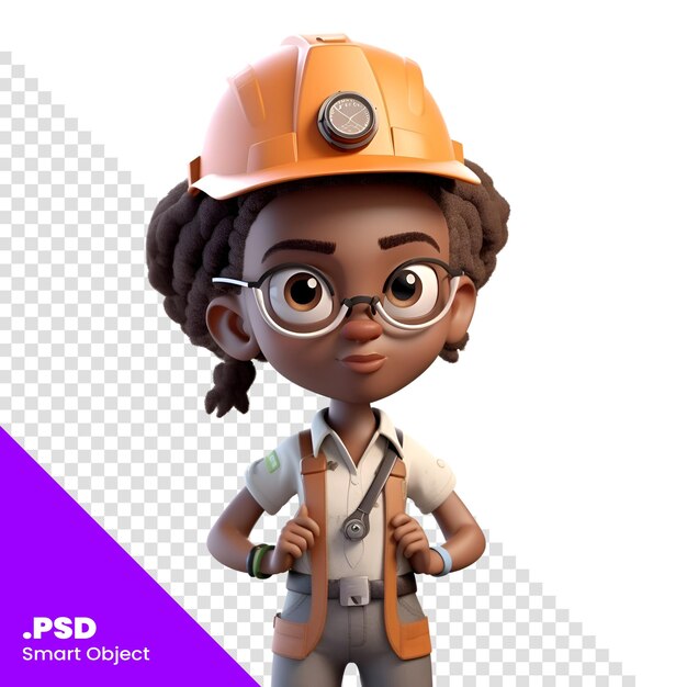 Renderização 3d da garotinha afro-americana da construção com capacete e óculos modelo psd