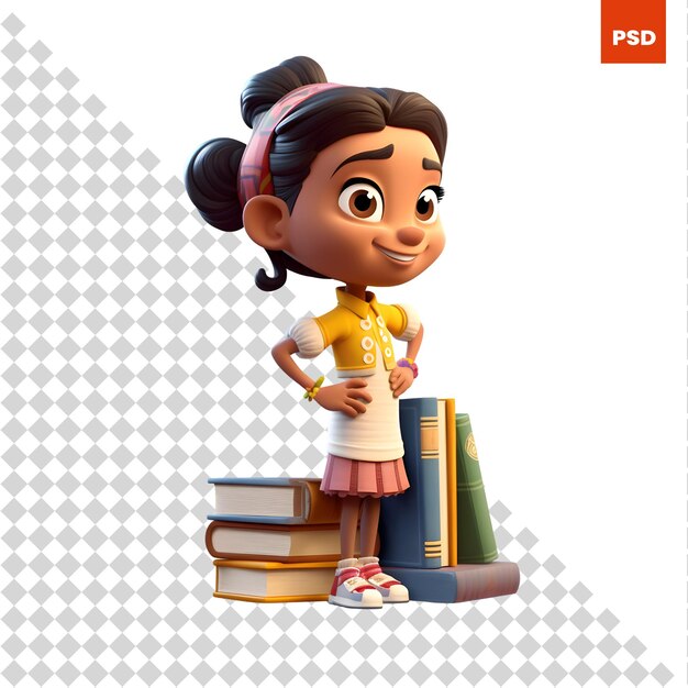 PSD renderização 3d da garotinha com livros e mochila em fundo branco
