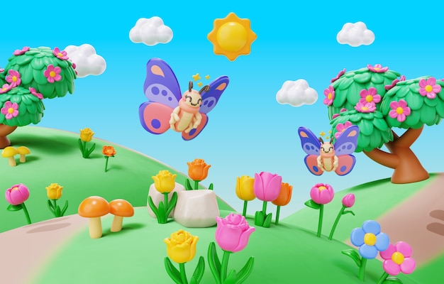 Renderização 3D da ilustração da paisagem de primavera