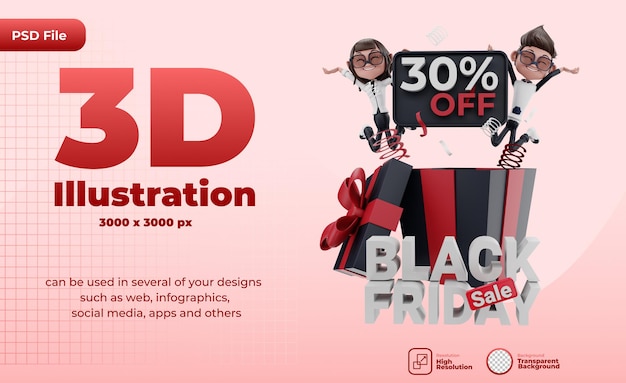 Renderização 3d da ilustração de black freday com personagens