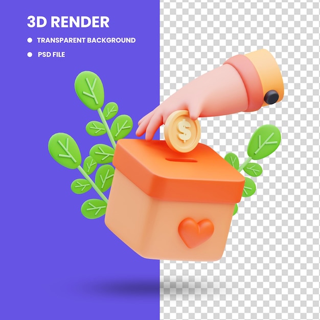 Renderização 3d da ilustração do ícone de mão de doação de dinheiro, dia da caridade