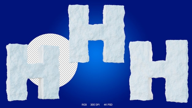 renderização 3D da letra H na forma e estilo de uma geleira, em um fundo transparente