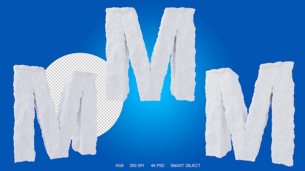 renderização 3D da letra M na forma e estilo de uma neve em um fundo transparente