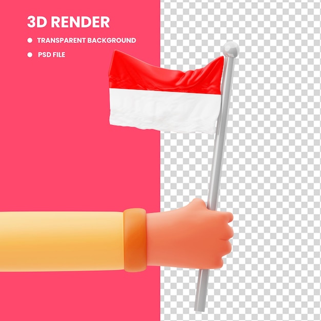 PSD renderização 3d da mão da bandeira indonésia segurando a ilustração do ícone