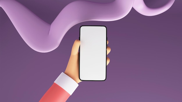 PSD renderização 3d da mão humana segurando a tela do smartphone em branco no fundo da onda roxa