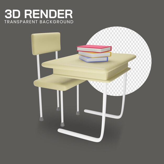 renderização 3D da mesa e cadeira da escola