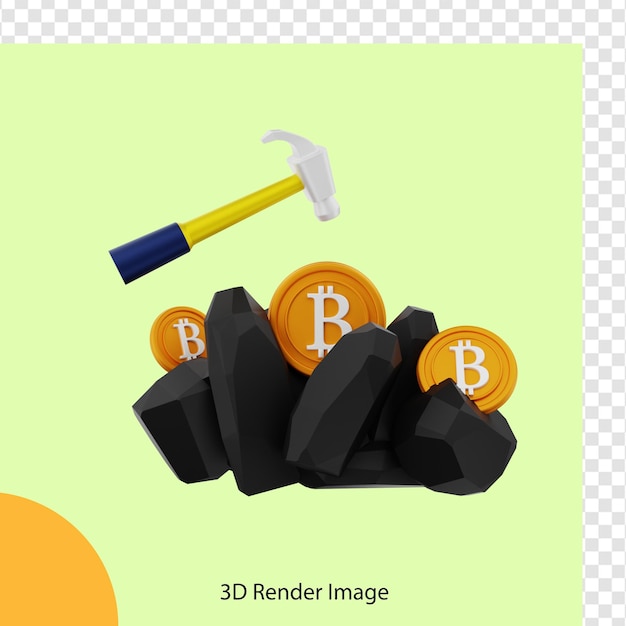 PSD renderização 3d da mineração de moedas criptográficas bitcoin com martelo