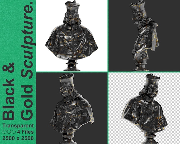 PSD renderização 3d da mistura da estátua do retrato da cardeal de mármore preto brilhante e detalhes em ouro impressionantesxa