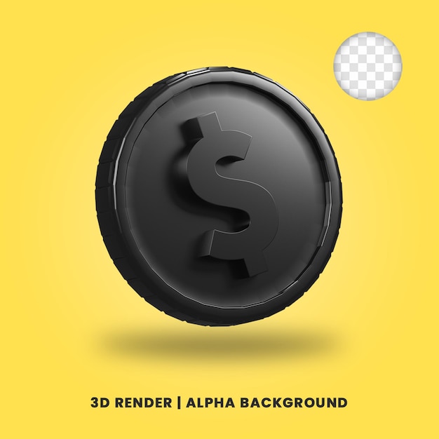 Renderização 3D da moeda de dólar preto com efeito brilhante isolado. Útil para ilustração de projetos de negócios ou e-commerce.
