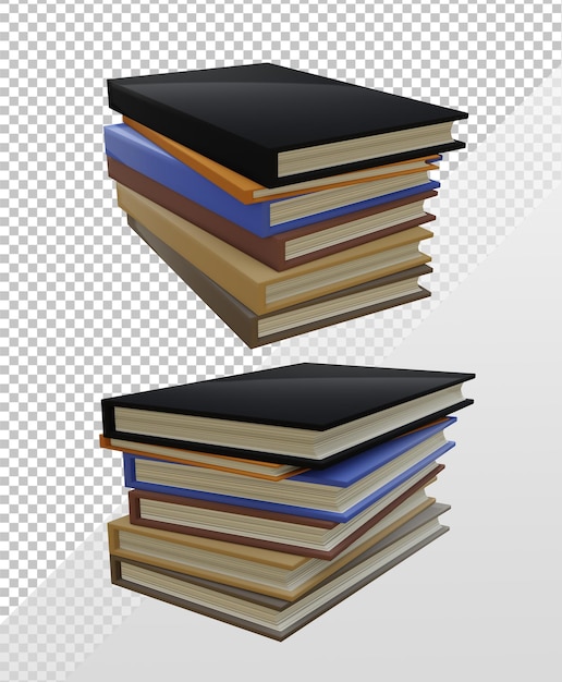 Renderização 3d da pilha de livros grossos e finos vista em perspectiva de capa simples