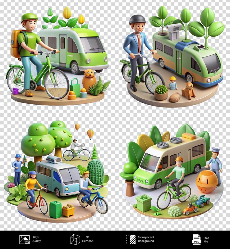 PSD renderização 3d de alta qualidade de ciclistas e caravanas em um ambiente verde