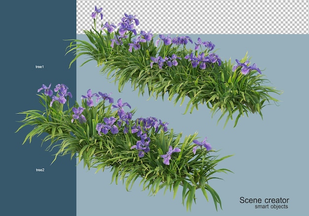 Renderização 3D de arbustos floridos isolados