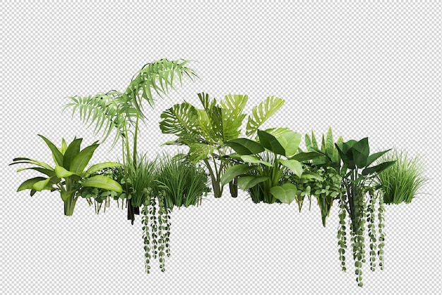 renderização 3D de arranjos de grama e arbustos