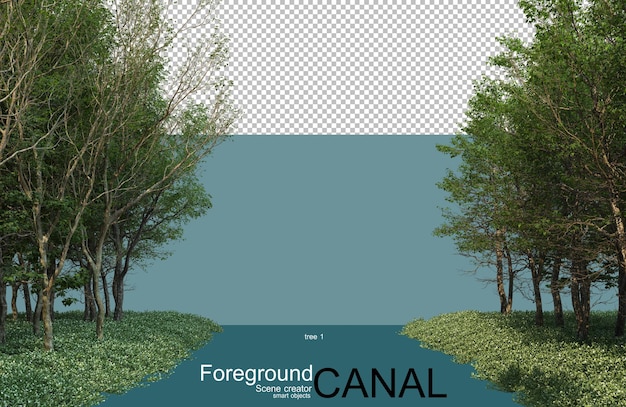 PSD renderização 3d de árvores ao longo do canal