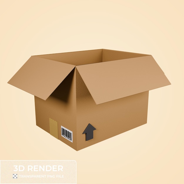 Renderização 3D de caixa de cartão aberta com seta e adesivo de código de barras