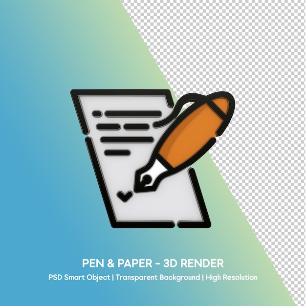 Renderização 3D de caneta e papel - Ícone de assinatura de contrato