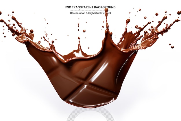 Renderização 3d de chocolate salpicado com barra de chocolate em fundo transparente