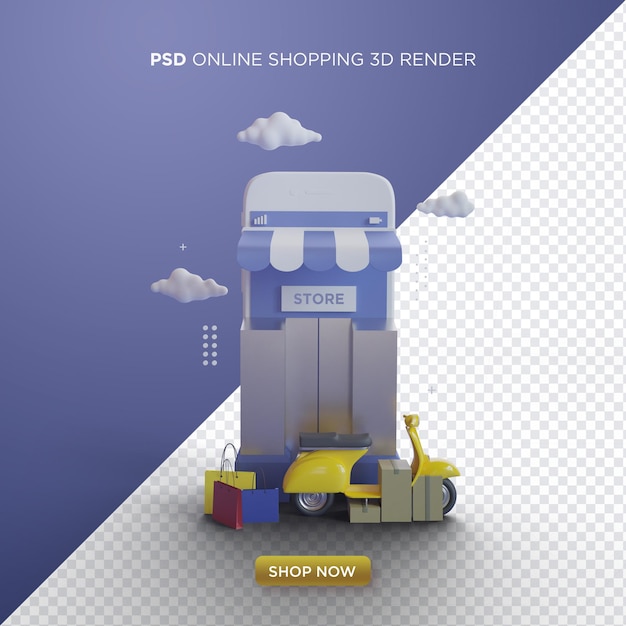 Renderização 3d de compras online com um entregador de vespa amarela