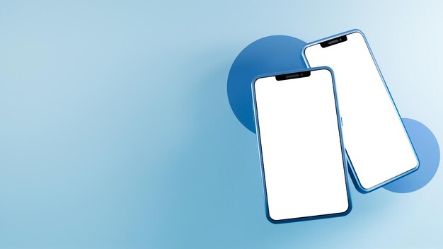 Renderização 3D de dois modelos de smartphones com telas em branco sobre fundo azul claro