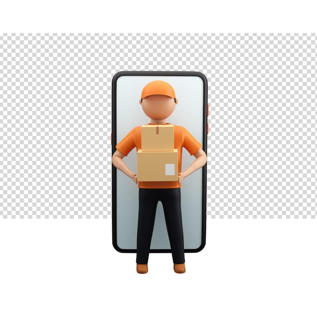 Renderização 3d de entregador sem rosto segurando caixas de encomendas e ilustração de smartphone em fundo png branco