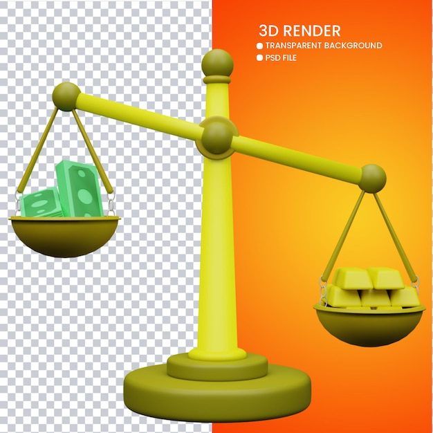 renderização 3D de escala de dinheiro bonito e ouro