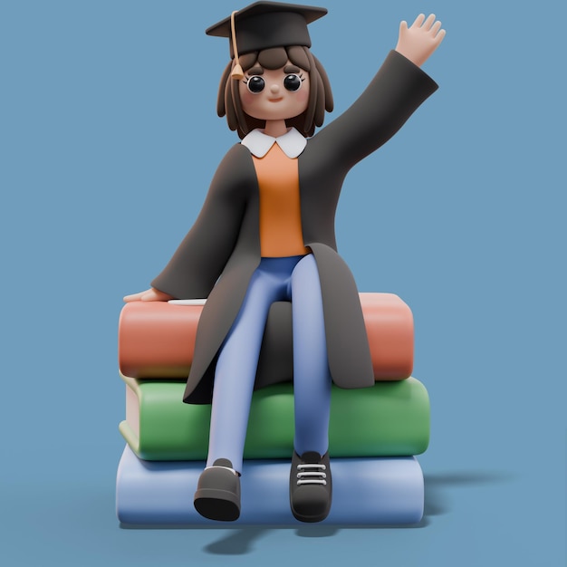 Renderização 3d de estudante menina sentada em uma pilha gigante de livros em roupas de formatura conceito de estudo