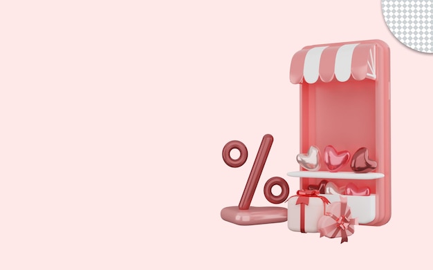 Renderização 3D de feliz dia dos namorados com caixa de presente e quiosque em fundo rosa