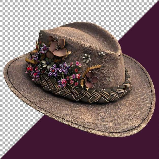 PSD renderização 3d de flores em um chapéu de cowboy em fundo transparente gerado por ai