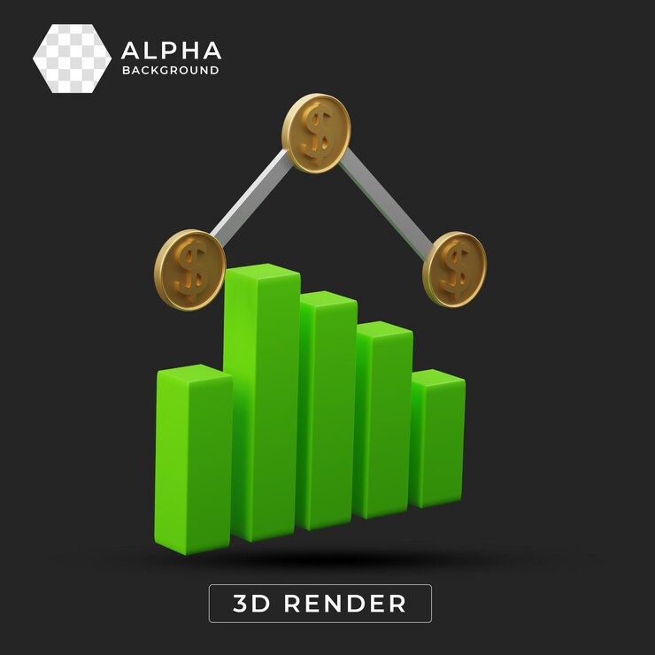 PSD renderização 3d de gráfico de barra verde com moedas de dólar conceito de finanças e negócios