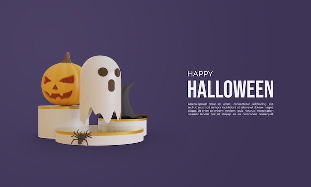 Renderização 3D de Halloween com fantasma e abóbora 3D