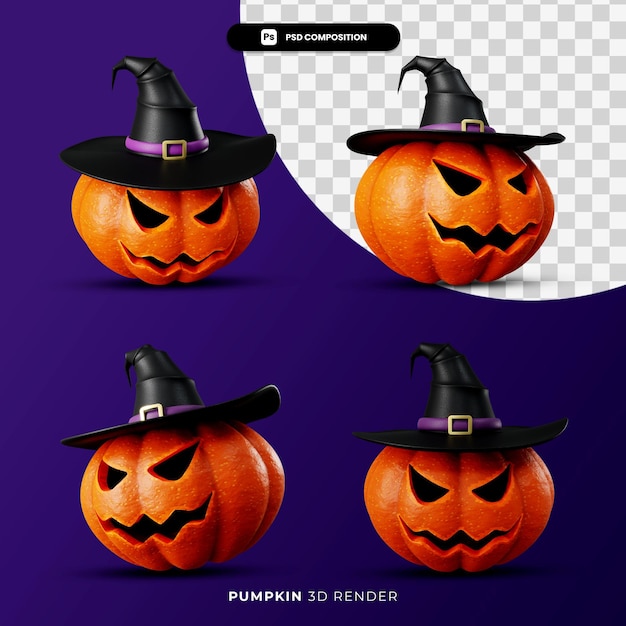 Renderização 3d de jack abóbora no conceito de halloween de chapéu de bruxa com ângulo diferente isolado