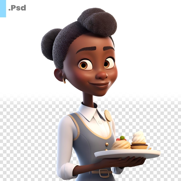 Renderização 3d de little african american girl com modelo psd de bolo de macarrão