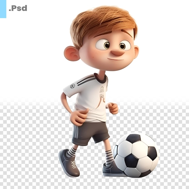 PSD renderização 3d de little boy com bola de futebol isolada em padrão psd de fundo branco