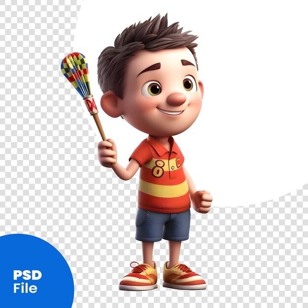 PSD renderização 3d de little boy com um tabuleiro de dardos em padrão psd de fundo branco