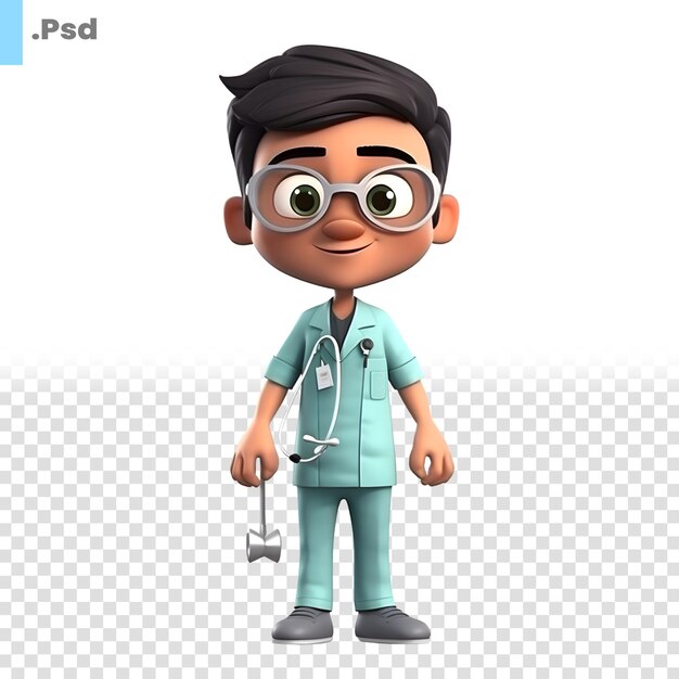 PSD renderização 3d de little doctor com estetoscópio e modelo psd de estetoscópio