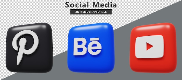 Renderização 3d de logotipos de ícones de mídia social psd premium