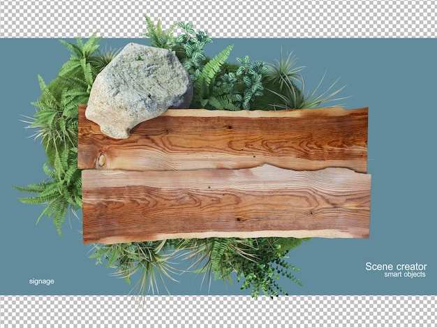 PSD renderização 3d de madeira natural com plantas isoladas