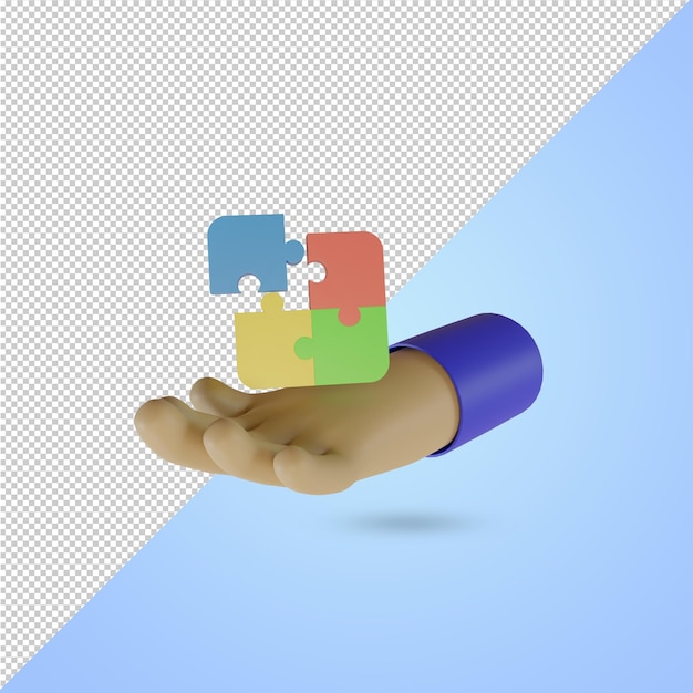 Renderização 3D de mão e conceito de ícone de quebra-cabeça para resolução de problemas de trabalho em equipe