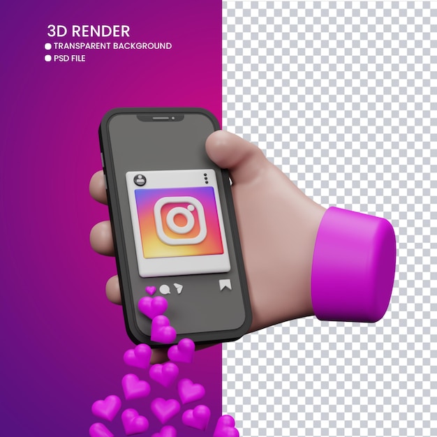 renderização 3d de mão fofa e celular com instagram como