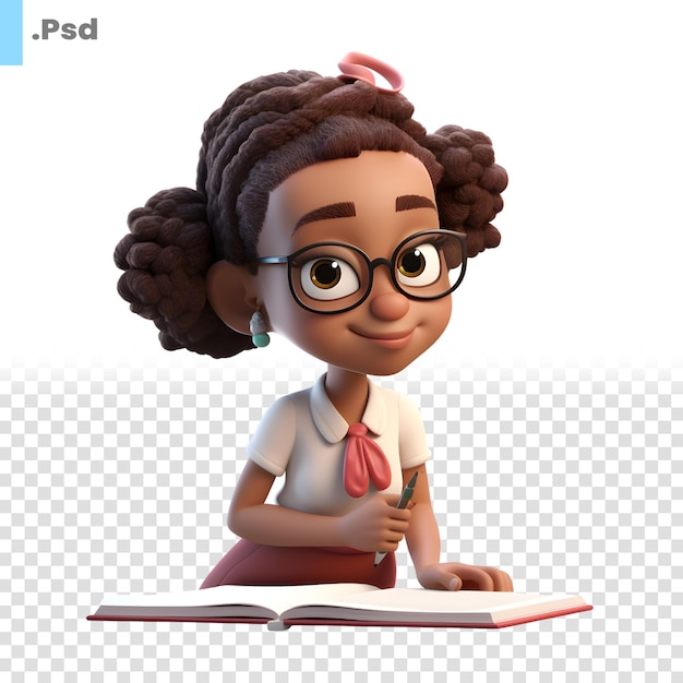 PSD renderização 3d de menina africana com livro e sorvete em fundo branco modelo psd