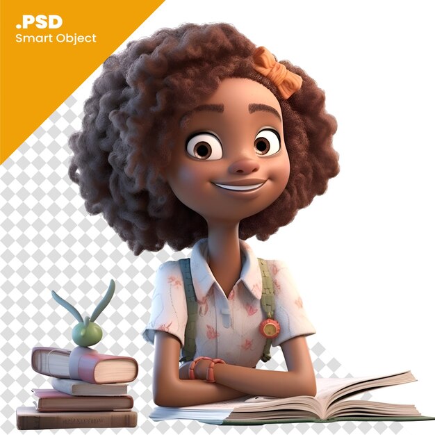 PSD renderização 3d de menina afro-americana com livros e lápis modelo psd