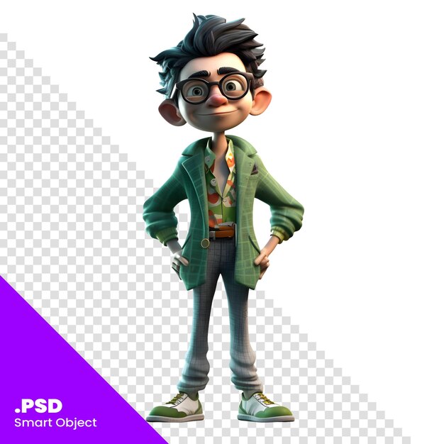 Renderização 3d de menino com óculos com padrão psd de casaco verde