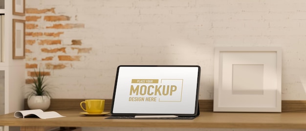 Renderização 3D de mesa de escritório com maquete de computador