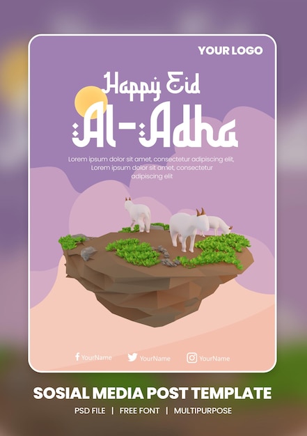 Renderização 3D de modelo de tema de pôster de mídia social eid al adha