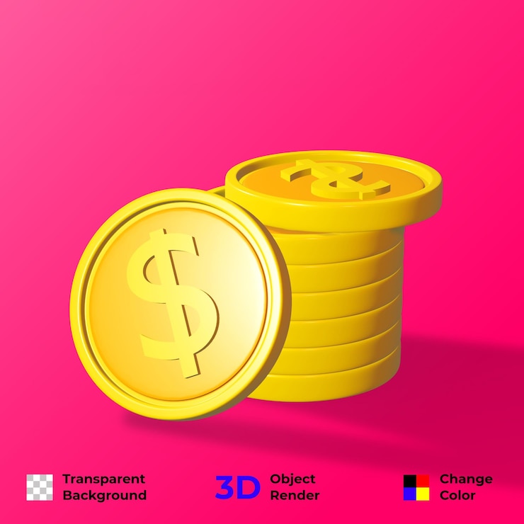 PSD renderização 3d de moedas de ouro com cifrão. moeda de dólar 3d. dinheiro de ouro. ilustração de jackpot