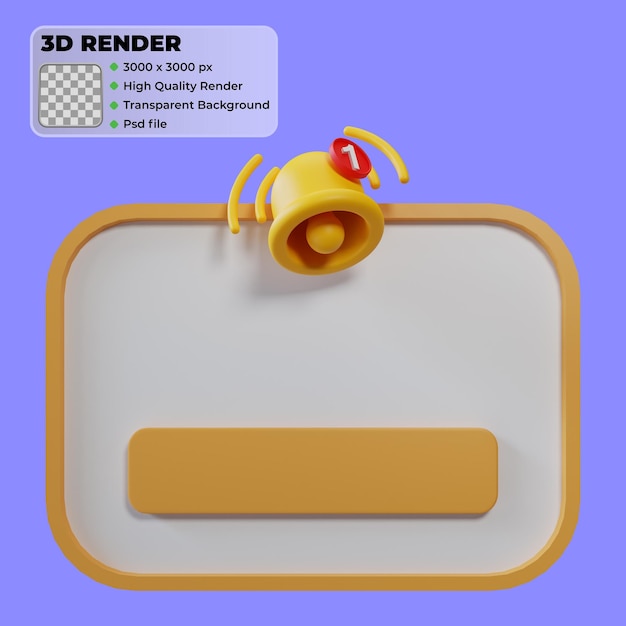 Renderização 3d de notificação de lembrete de sino