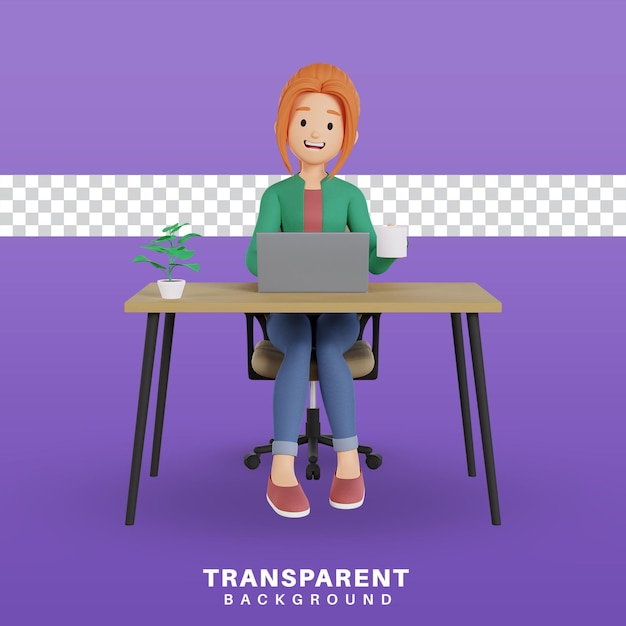 Renderização 3D de personagem de desenho animado trabalhando em um laptop
