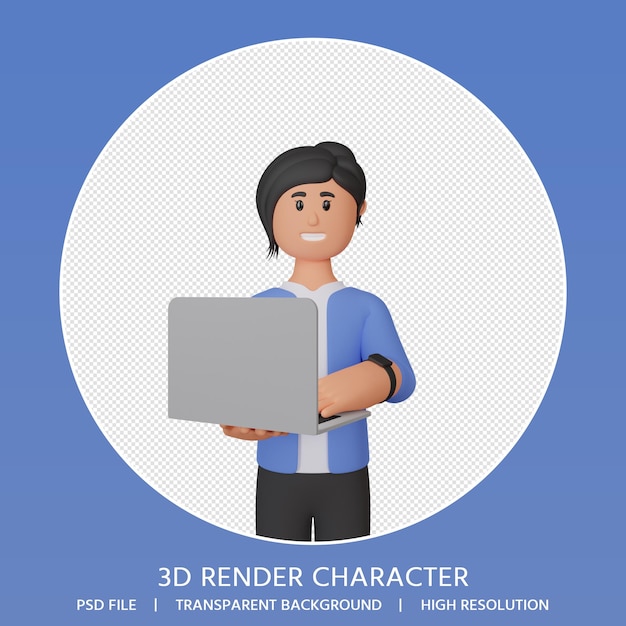 Renderização 3d de personagem feminina com laptop